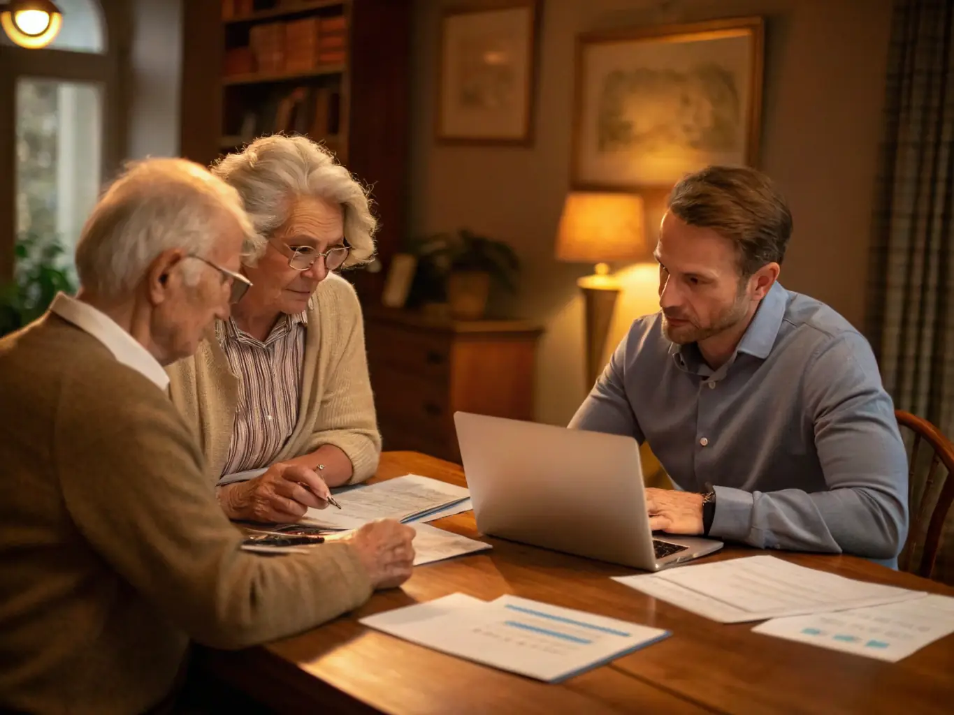 A couple reviewing their financial plan with a consultant, with documents and a laptop on the table, representing Financial Planning.