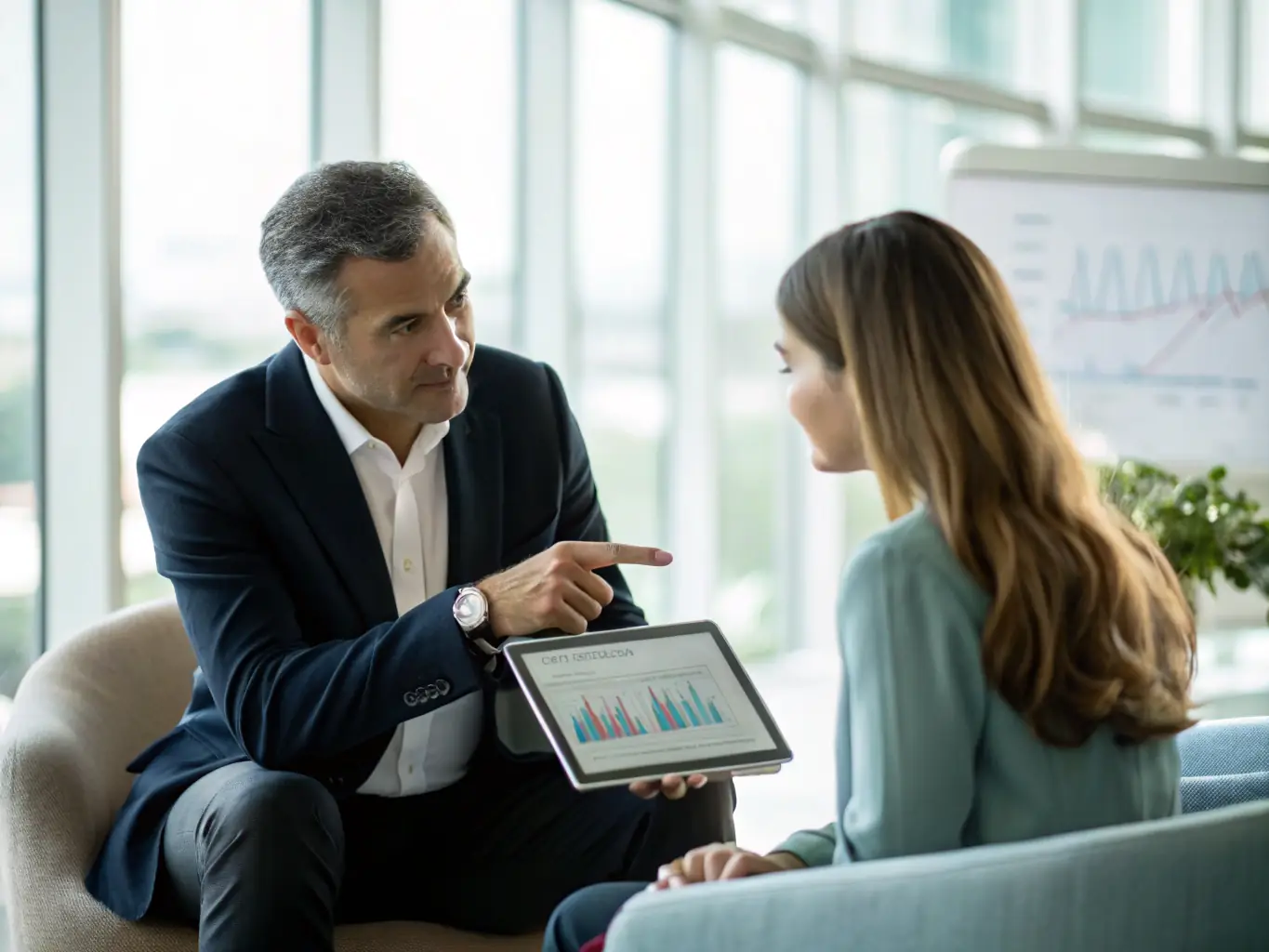 An image of a financial advisor discussing investment options with a client, with graphs and charts in the background, symbolizing tailored investment strategies.