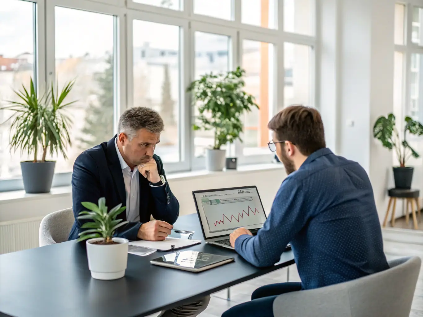 A professional financial advisor reviewing a client's portfolio with a South African city skyline in the background, representing comprehensive wealth management services.