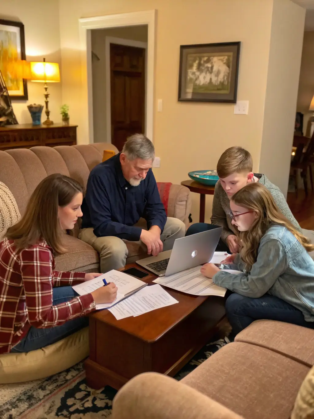 A family happily planning their financial future together in their home, representing wealth management.