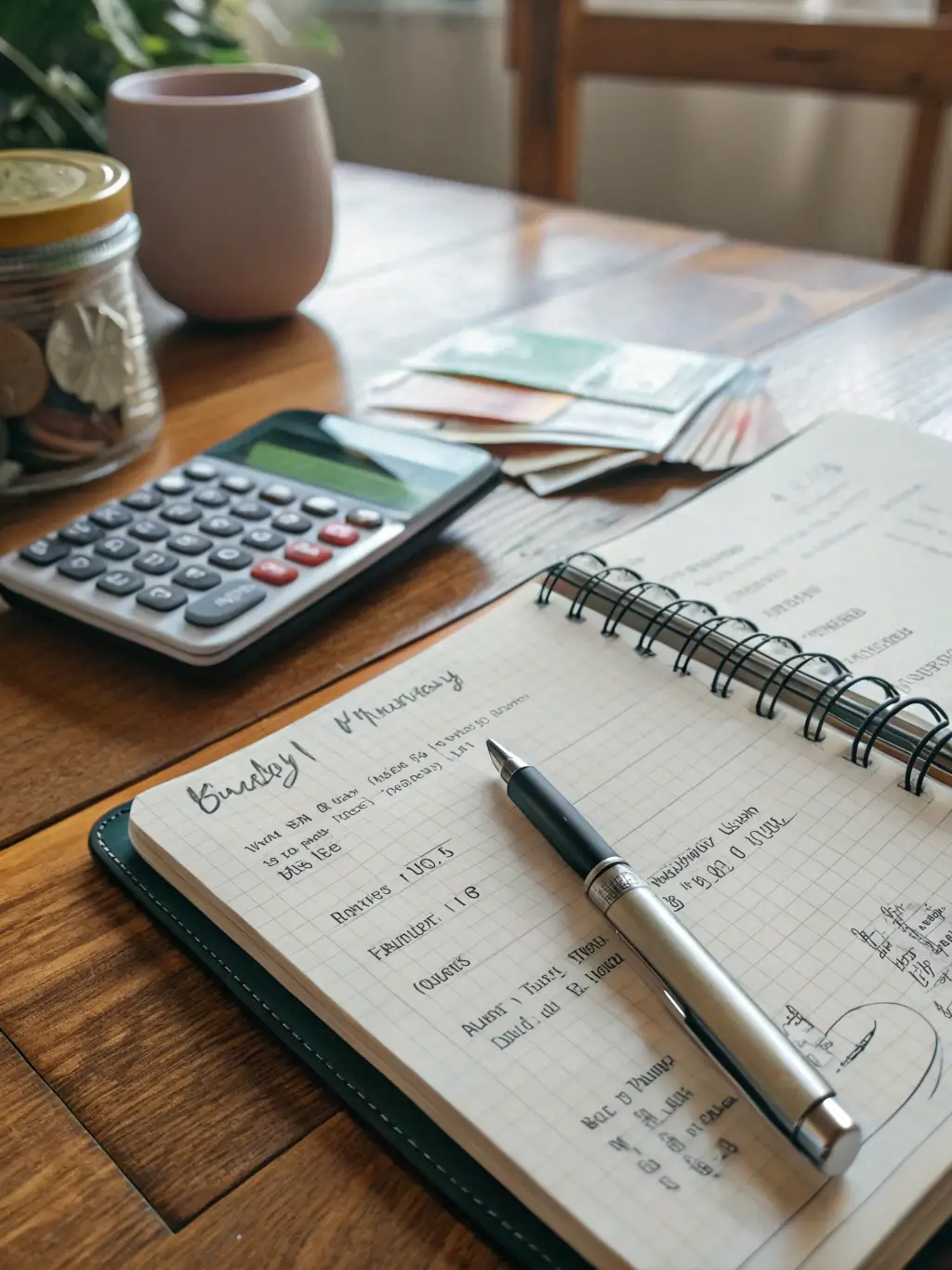 A detailed financial plan laid out on a table with a calculator and pen, illustrating financial planning.